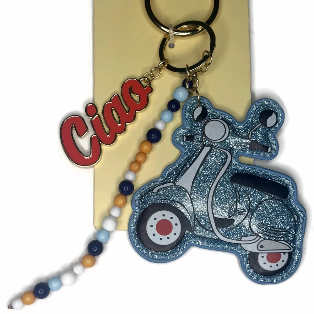 Blue Glitter Scooter Ciao bag Charm Keychain with Beaded Tassel
